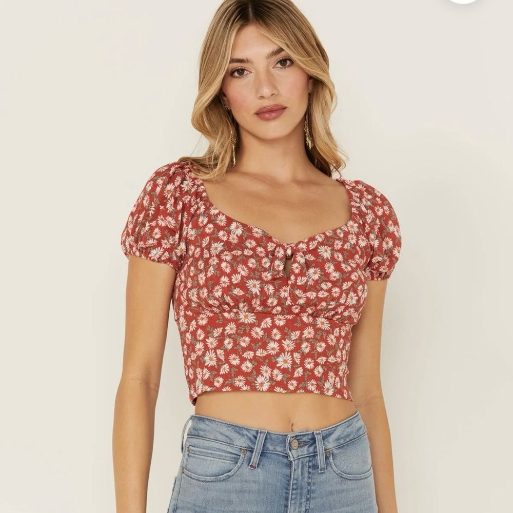Idyllwind Brick Red Bay Cove Floral Crop Peasant Top Shirt Blouse Size Large